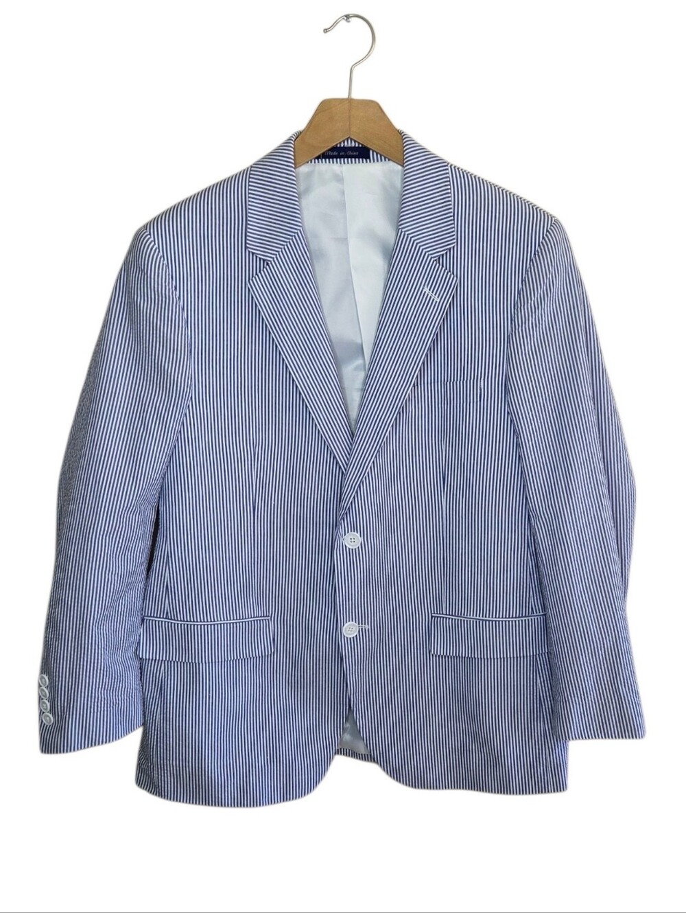 Alan Flusser Blue White Seersucker Striped Two Button Blazer Size 40S Preppy